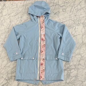 Girls Sz 10 Hooded Rain Jacket with Floral Trim Light Blue Silky lining